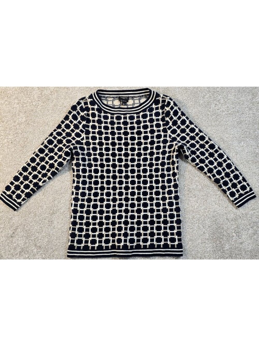 Talbots Petites Geometric Grid Motif Wool Sweater Pullover 3/4 Sleeve Women's LP